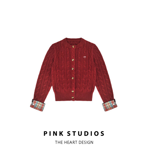 聖誕紅色圓領毛衣外套女秋冬復古學院風刺綉格紋拼接麻花針織開衫