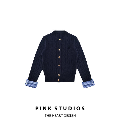 聖誕紅色圓領毛衣外套女秋冬復古學院風刺綉格紋拼接麻花針織開衫