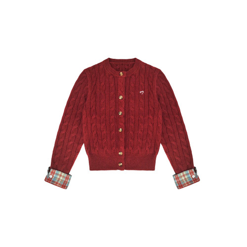 聖誕紅色圓領毛衣外套女秋冬復古學院風刺綉格紋拼接麻花針織開衫