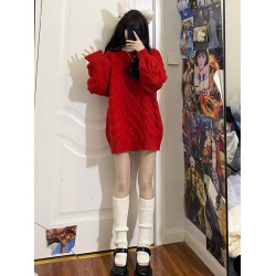 新年聖誕紅色麻花毛衣女秋冬寬松中長款遮屁股慵懶風洋氣針織上衣