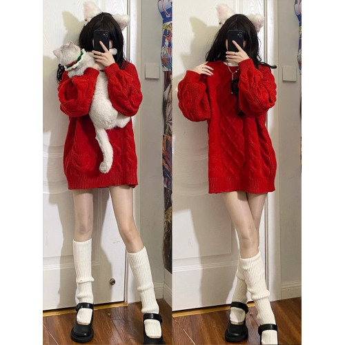 新年聖誕紅色麻花毛衣女秋冬寬松中長款遮屁股慵懶風洋氣針織上衣 新年聖誕紅色麻花毛衣女秋冬寬松中長款遮屁股慵懶風洋氣針織上衣