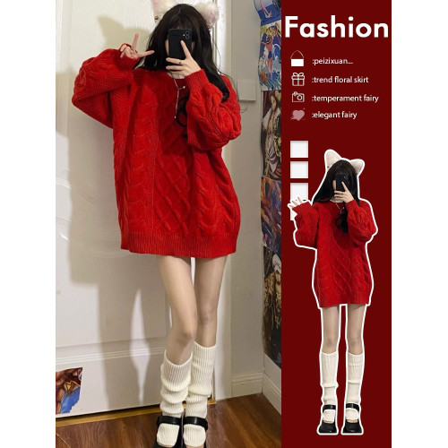 新年聖誕紅色麻花毛衣女秋冬寬松中長款遮屁股慵懶風洋氣針織上衣 新年聖誕紅色麻花毛衣女秋冬寬松中長款遮屁股慵懶風洋氣針織上衣