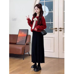 一整套早秋穿搭氣質法式紅色針織衫高級感炸街時髦別致絕美小套裝