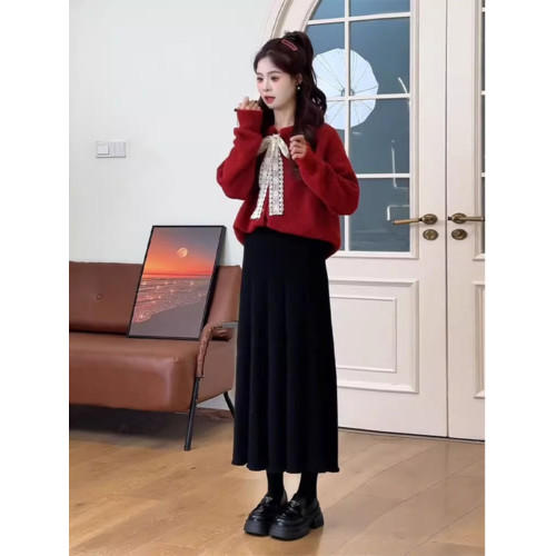 一整套早秋穿搭氣質法式紅色針織衫高級感炸街時髦別致絕美小套裝