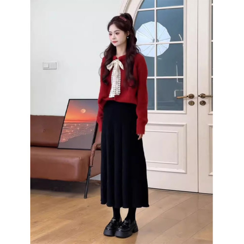 一整套早秋穿搭氣質法式紅色針織衫高級感炸街時髦別致絕美小套裝