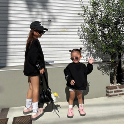 ANKRT 日系秋冬親子裝女童刺綉蝴蝶結洋裝寬松毛圈衛衣兒童上衣