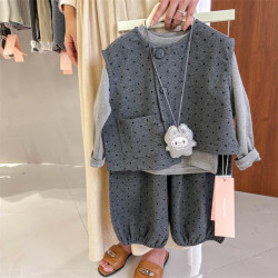 韓韓良品親子裝套裝2025秋新款不規則圓點馬甲打底衫燈籠褲三件套