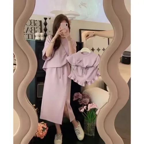 親子裝夏季新款母女親子炸街套裝女童口袋T恤花邊短褲休閒套裝女 親子裝夏季新款母女親子炸街套裝女童口袋T恤花邊短褲休閒套裝女