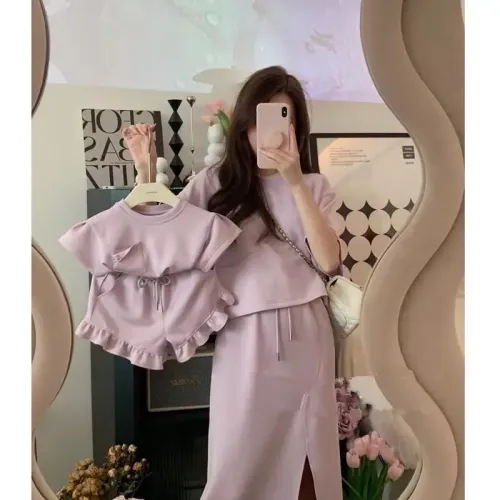 親子裝夏季新款母女親子炸街套裝女童口袋T恤花邊短褲休閒套裝女 親子裝夏季新款母女親子炸街套裝女童口袋T恤花邊短褲休閒套裝女