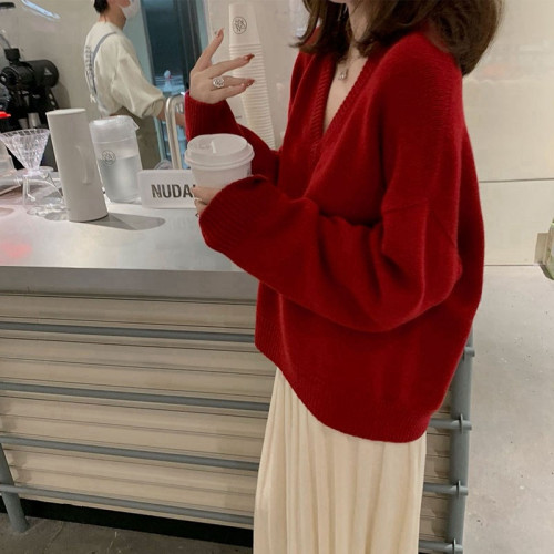本命聖誕紅色v領套頭毛衣女2025新款冬季慵懶寬松軟糯針織衫內搭 本命聖誕紅色v領套頭毛衣女2025新款冬季慵懶寬松軟糯針織衫內搭