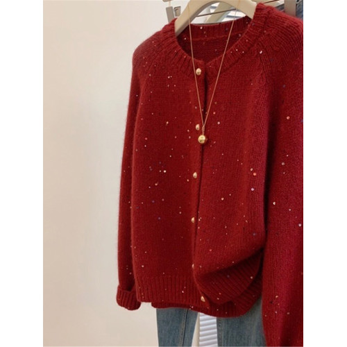 南油高級輕奢女裝聖誕紅色圓領針織開衫秋冬韓版毛衣長袖外套 南油高級輕奢女裝聖誕紅色圓領針織開衫秋冬韓版毛衣長袖外套