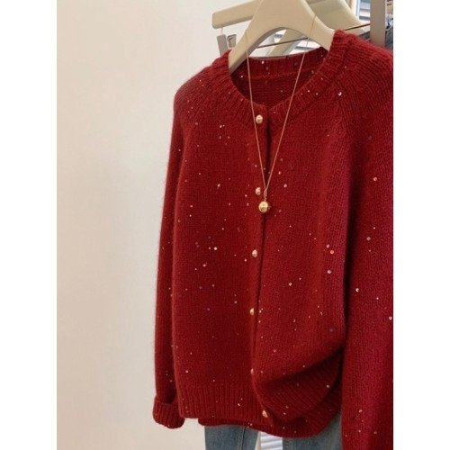 南油高級輕奢女裝聖誕紅色圓領針織開衫秋冬韓版毛衣長袖外套 南油高級輕奢女裝聖誕紅色圓領針織開衫秋冬韓版毛衣長袖外套