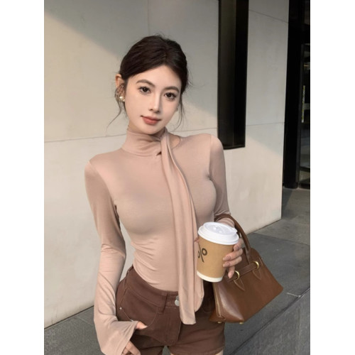 飄帶長袖t恤女春秋冬修身半高領德絨打底衫內搭新年聖誕紅色上衣