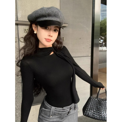 飄帶長袖t恤女春秋冬修身半高領德絨打底衫內搭新年聖誕紅色上衣