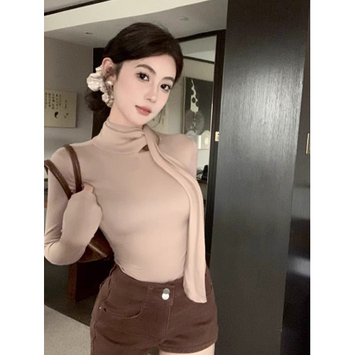 飄帶長袖t恤女春秋冬修身半高領德絨打底衫內搭新年聖誕紅色上衣