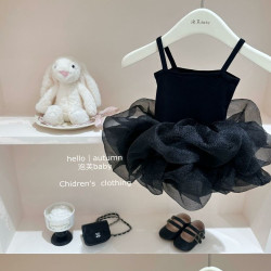 親子裝女童吊帶裙小黑裙夏季新款洋氣兒童禮服公主裙母女裝連衣裙