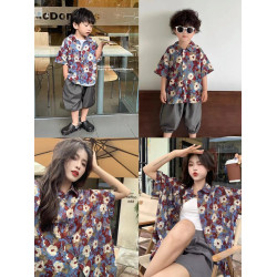 親子裝2025新款短袖花襯衫復古港風一家三口母子母女裝海邊度假