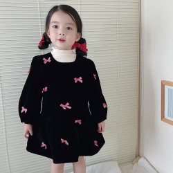 炸街親子裝秋季新款母女裝連衣裙韓系甜美蝴蝶結絲絨連衣裙