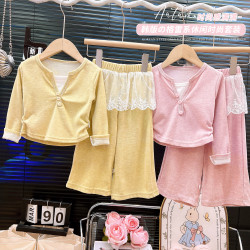 韓韓良品親子裝套裝2025秋季新款假兩件上衣蕾絲屁簾濶腿褲兩件套