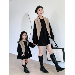 網紅韓版親子裝2025秋新款潮洋氣母女裝長款襯衫裙西裝披肩兩件套