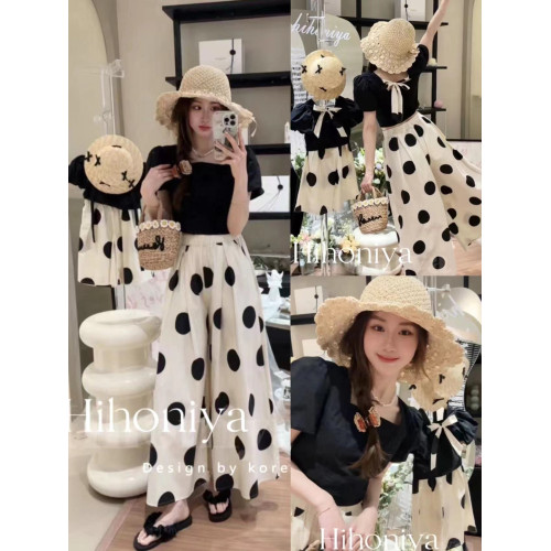 高級親子裝夏裝母女網紅2024夏季泡泡袖短袖炸街白色波點濶腿褲潮 高級親子裝夏裝母女網紅2024夏季泡泡袖短袖炸街白色波點濶腿褲潮