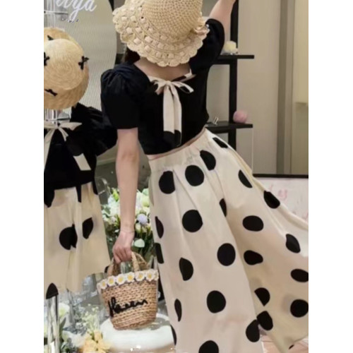 高級親子裝夏裝母女網紅2024夏季泡泡袖短袖炸街白色波點濶腿褲潮 高級親子裝夏裝母女網紅2024夏季泡泡袖短袖炸街白色波點濶腿褲潮