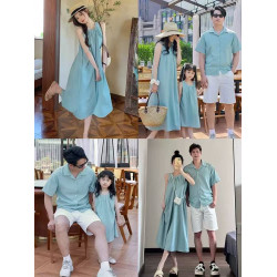 法式親子裝夏季高級一家三口全家裝襯衫三亞海邊度假母女連衣裙