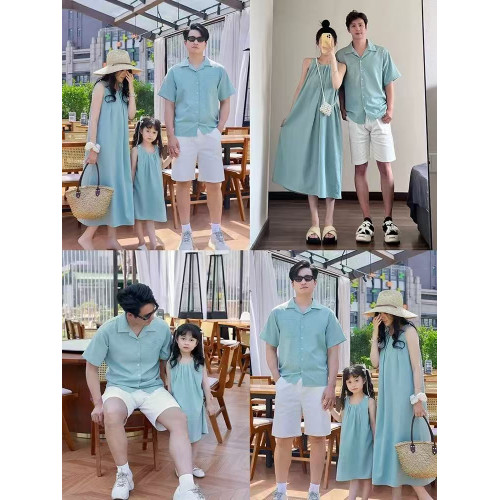 法式親子裝夏季高級一家三口全家裝襯衫三亞海邊度假母女連衣裙 法式親子裝夏季高級一家三口全家裝襯衫三亞海邊度假母女連衣裙