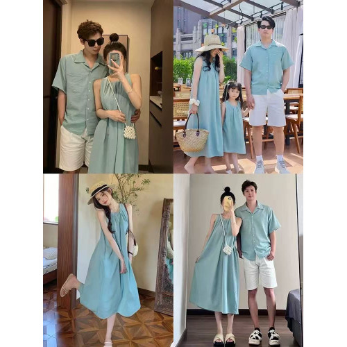 法式親子裝夏季高級一家三口全家裝襯衫三亞海邊度假母女連衣裙 法式親子裝夏季高級一家三口全家裝襯衫三亞海邊度假母女連衣裙