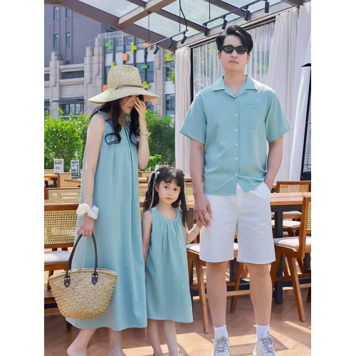 法式親子裝夏季高級一家三口全家裝襯衫三亞海邊度假母女連衣裙 法式親子裝夏季高級一家三口全家裝襯衫三亞海邊度假母女連衣裙
