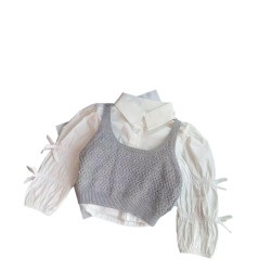 親子裝套裝2025春秋季新款純色千金風針織馬甲+蝴蝶結襯衫兩件套