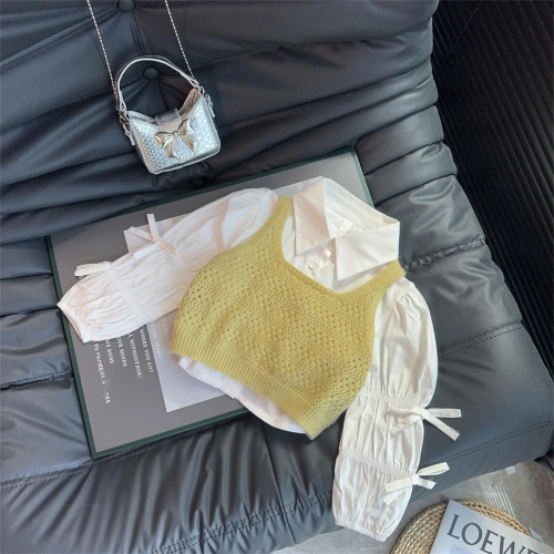 親子裝套裝2025春秋季新款純色千金風針織馬甲+蝴蝶結襯衫兩件套 親子裝套裝2025春秋季新款純色千金風針織馬甲+蝴蝶結襯衫兩件套