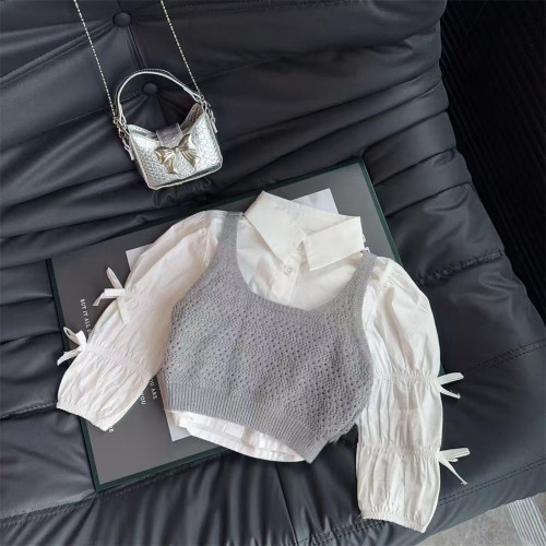 親子裝套裝2025春秋季新款純色千金風針織馬甲+蝴蝶結襯衫兩件套 親子裝套裝2025春秋季新款純色千金風針織馬甲+蝴蝶結襯衫兩件套