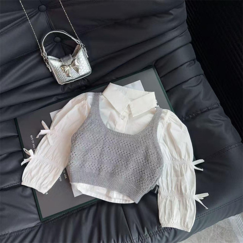 親子裝套裝2025春秋季新款純色千金風針織馬甲+蝴蝶結襯衫兩件套 親子裝套裝2025春秋季新款純色千金風針織馬甲+蝴蝶結襯衫兩件套