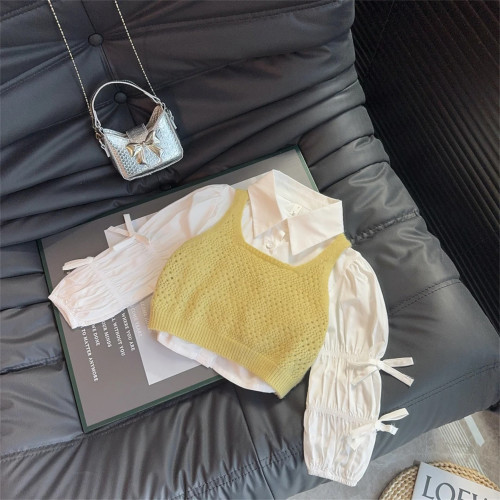 親子裝套裝2025春秋季新款純色千金風針織馬甲+蝴蝶結襯衫兩件套 親子裝套裝2025春秋季新款純色千金風針織馬甲+蝴蝶結襯衫兩件套