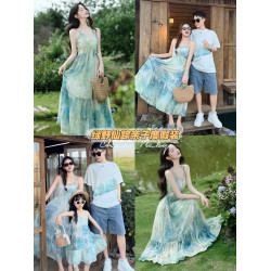 度假親子裝一家三口仙美母女吊帶暈染連衣長裙三亞海邊母子短袖T