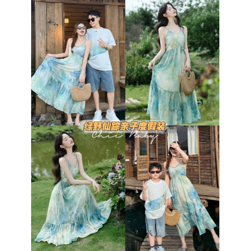 度假親子裝一家三口仙美母女吊帶暈染連衣長裙三亞海邊母子短袖T 度假親子裝一家三口仙美母女吊帶暈染連衣長裙三亞海邊母子短袖T