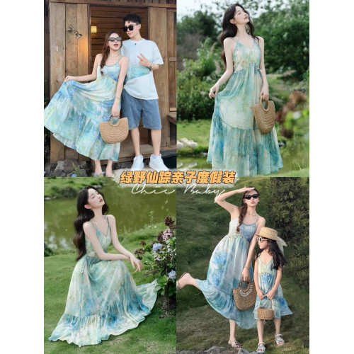 度假親子裝一家三口仙美母女吊帶暈染連衣長裙三亞海邊母子短袖T 度假親子裝一家三口仙美母女吊帶暈染連衣長裙三亞海邊母子短袖T