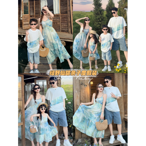 度假親子裝一家三口仙美母女吊帶暈染連衣長裙三亞海邊母子短袖T 度假親子裝一家三口仙美母女吊帶暈染連衣長裙三亞海邊母子短袖T