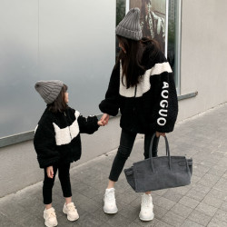 炸街親子裝外2024秋冬新款時尚母女裝拼色毛套毛衣寬松羊羔毛外套