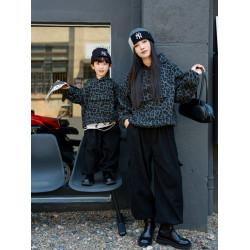 又酷又颯親子裝母子港風復古豹紋衛衣冬季兒童洋氣時髦連帽外套潮