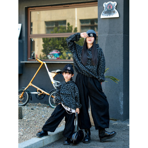 又酷又颯親子裝母子港風復古豹紋衛衣冬季兒童洋氣時髦連帽外套潮