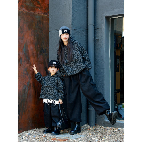 又酷又颯親子裝母子港風復古豹紋衛衣冬季兒童洋氣時髦連帽外套潮