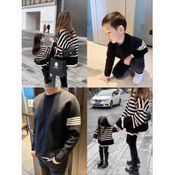 網紅親子裝毛衣春秋裝一家三口四口大碼條紋母子母女裝針織衫冬裝