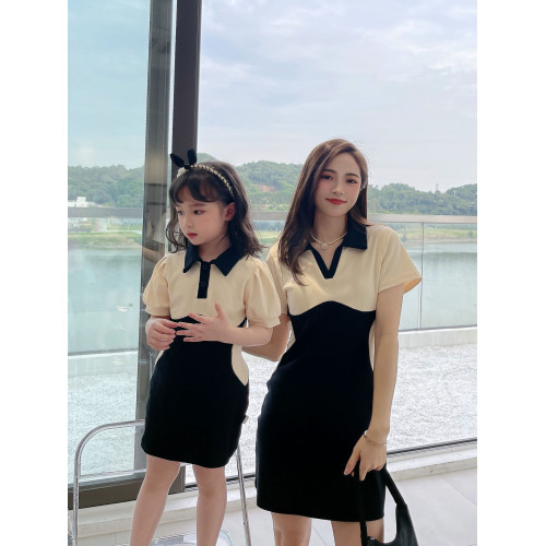 嬰兒親子裝夏一家三口母子短袖t恤母女黑白撞色拼接polo衫連衣裙 嬰兒親子裝夏一家三口母子短袖t恤母女黑白撞色拼接polo衫連衣裙