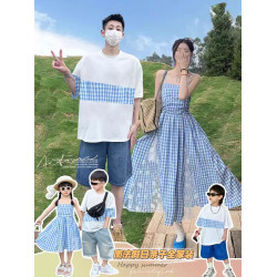 韓版夏季新款親子裝小衆藍色格子吊帶連衣裙母女收腰顯瘦一家三口