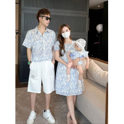 三亞親子裝夏款短袖父子裝襯衫一家三口四口女寶嬰兒母女裝碎花裙