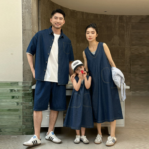 親子裝短袖2025夏季韓版一家三四口薄牛仔襯衫母女裝背心連衣裙潮 親子裝短袖2025夏季韓版一家三四口薄牛仔襯衫母女裝背心連衣裙潮