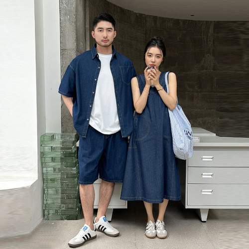 親子裝短袖2025夏季韓版一家三四口薄牛仔襯衫母女裝背心連衣裙潮 親子裝短袖2025夏季韓版一家三四口薄牛仔襯衫母女裝背心連衣裙潮