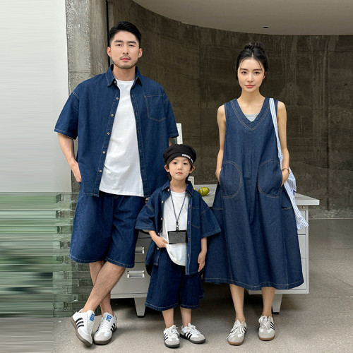 親子裝短袖2025夏季韓版一家三四口薄牛仔襯衫母女裝背心連衣裙潮 親子裝短袖2025夏季韓版一家三四口薄牛仔襯衫母女裝背心連衣裙潮